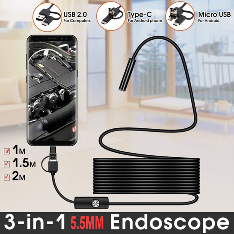 2m caméra endoscopique serpent 1m 1.5m lentilles 5.5mm semi-rigide, pour inspection de voiture, pour smartphone, android et pc