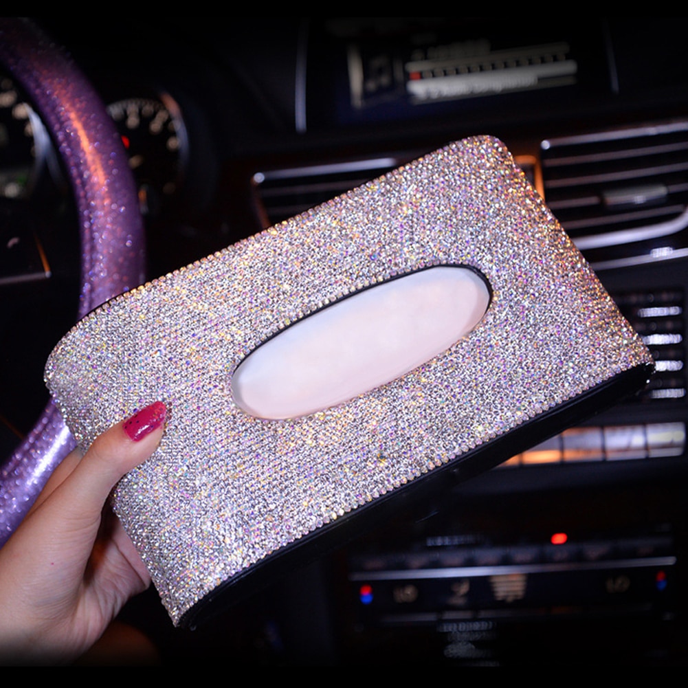Lyxigt läder silkespapperskåpa kristall rhinestone block pappersförvaringslåda biltillbehör för kvinnor flickor