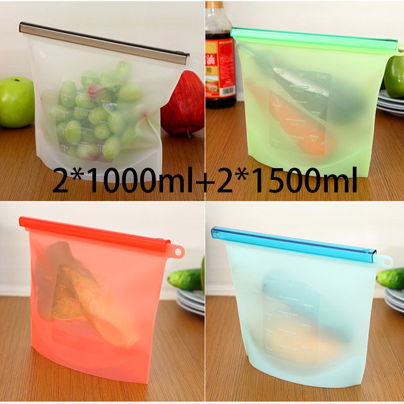 Eco Friendly Packaging Bags Reusable Silicone Foodfor Business Plastic Storage Airtight Leak-Proof Snack: 2x1000 2x1500