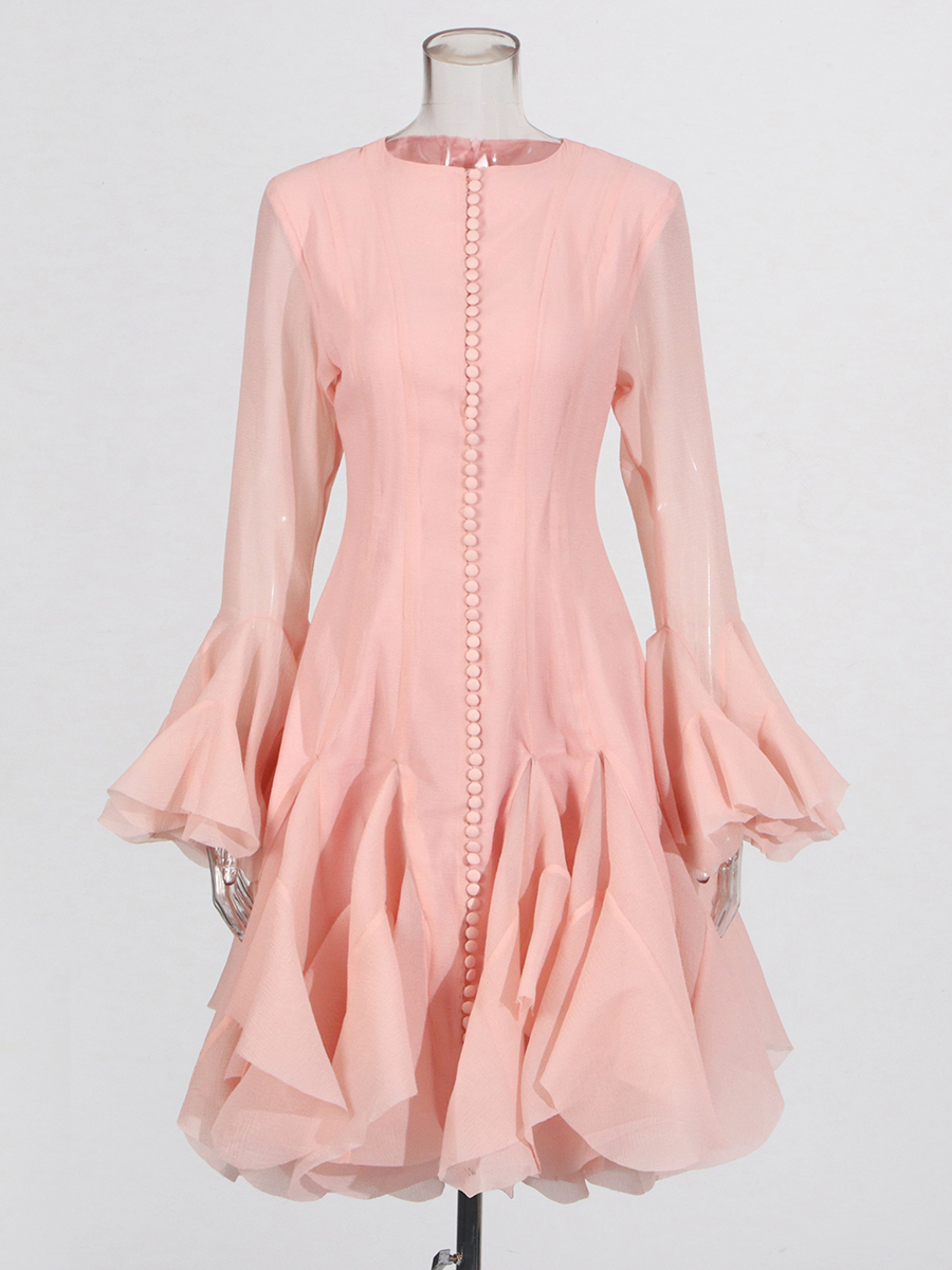 VGH Solide Abnehmen Verstärktes Geschmack Kleider Für Frauen Rundhals aufflackern Hülse Hohe Taille Drapierte Saum Temperament Kleid Weibliche Neue: XL / Rosa