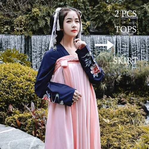Traje de baile Retro Hanfu chino tradicional para cantantes vestido de danza Oriental DC1848: Azul / L