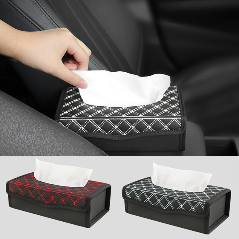 Caja de pañuelos de coche de cuero PU, porta toallas de papel automático para Reposabrazos de tablero, escritorio de oficina, caja de pañuelos de papel plegable, accesorios