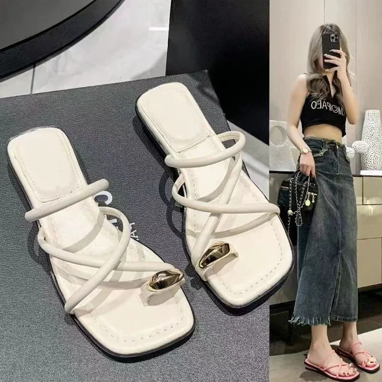Sandalias romanas de tacón plano para mujer, zapatos de tacón bajo, calzado de Gladiador, Punta abierta, playa, verano, 2024: Blanco / 36