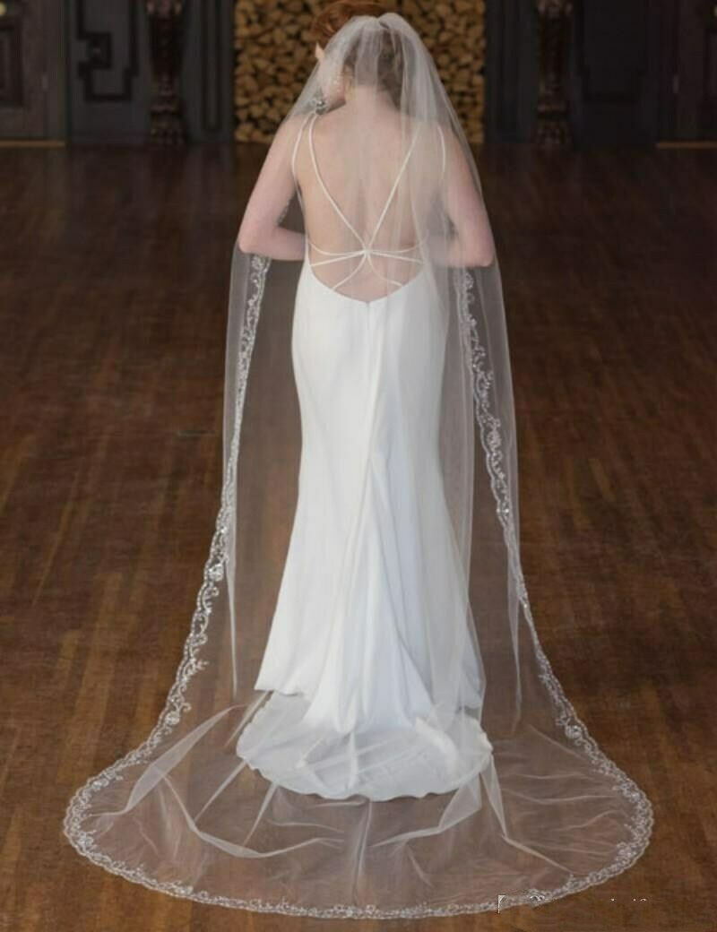 Long Wedding Bridal Veils White Ivory Cathedral Length Beaded Shiny Sequins Edge