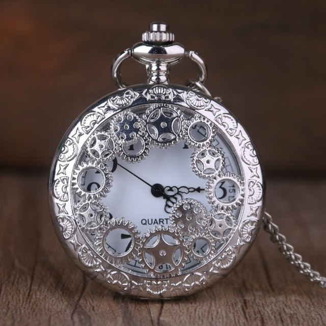 Vintage zilveren opengewerkte zakhorloge met ketting heren steampunk hanger ketting zak
