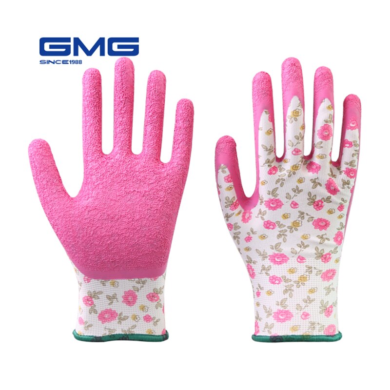 3 Pairs Vrouwen Handschoenen Werk GMG Gedrukt Polyester Shell Roze Latex Crinkle Coating Arbeidsveiligheid Handschoenen Voor Werk Beschermende