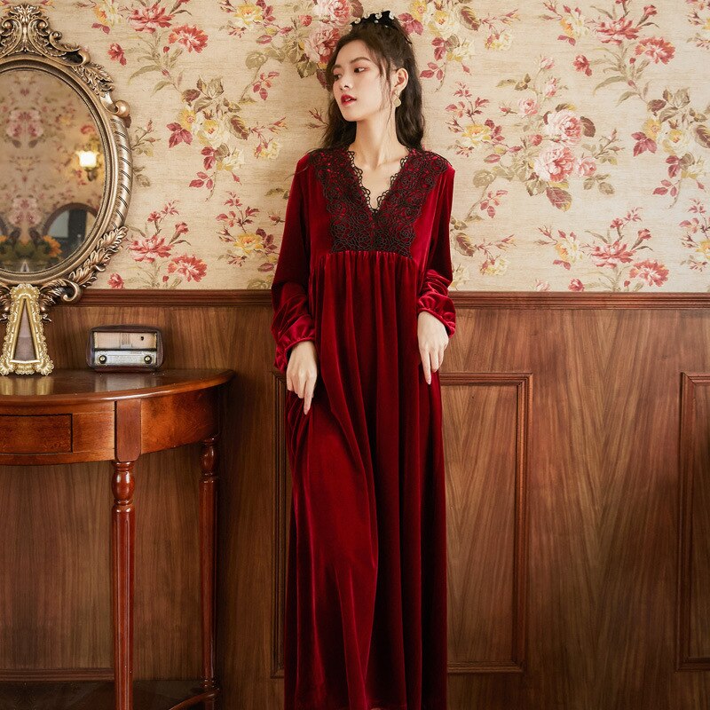 Vestido de noche de terciopelo para mujer, ropa de dormir larga, Peignoir victoriano, bata de pijama, camisón Vintage romántico, ropa de habitación: Burgundy / XL