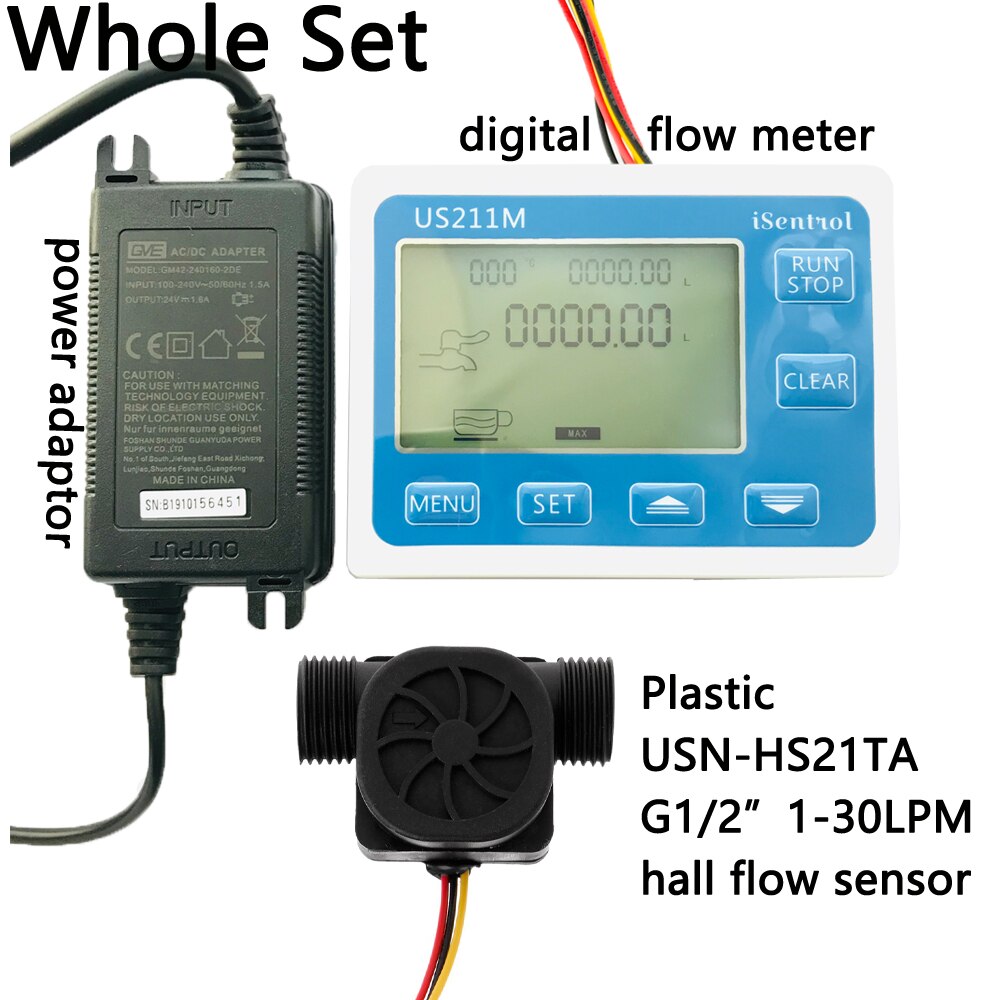 Mesure de débit de totalisateur de débitmètre numérique US211M avec capteur de débit d'eau en Nylon USN-HS21TA G1/2 "débitmètre à Turbine iSentrol: whole set