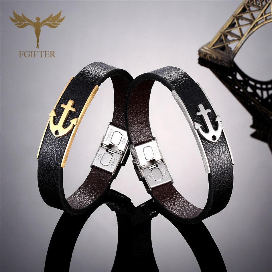Neue Edelstahl Anker Armbänder Fesseln Schwarz Leder Armbinde Männer Sport Armbinde Schmuck