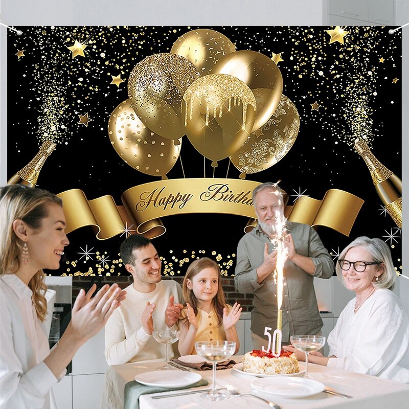 Happy Birthday Backdrop Banner Black Gold Balloon Star Poster Booth Backdrop Birthday photo Background Wall Party Decoration
