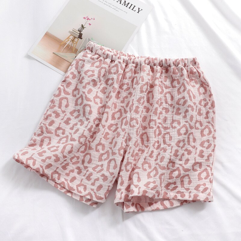 Zomer Paar Slaap Shorts Katoen Gaas Pyjama Broek Luipaard Print Slaap Bodems Nachtkleding Vrouwen En Mannen Lounge Wear Dunne: female pink / L