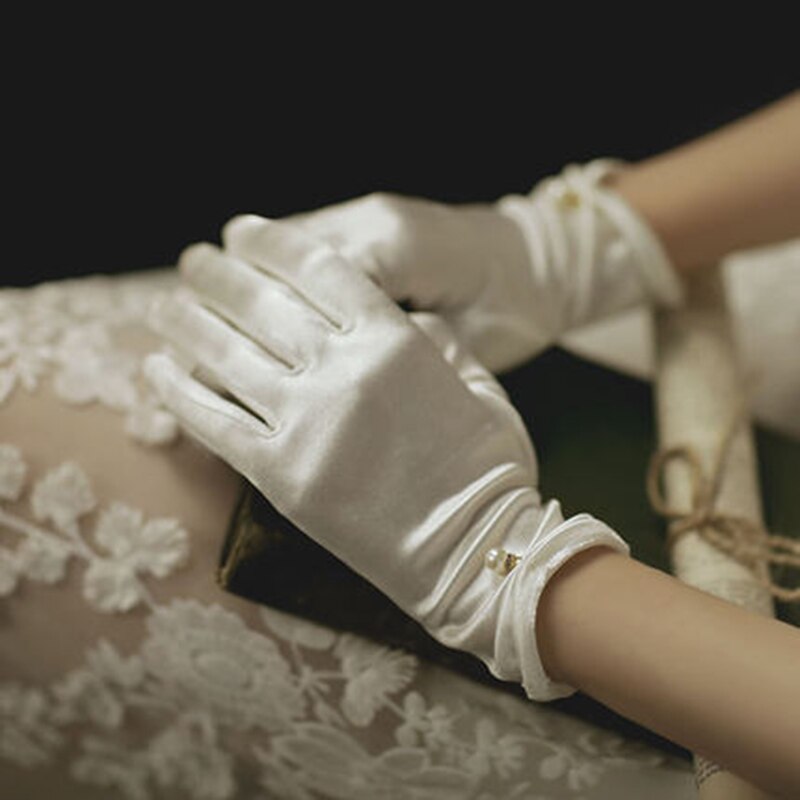 Women's Summer Thin Short Satin Elastic Etiquette Dress Gloves Pearl Lace Bow UV Sunscreen Cycling Driving Mittens K69