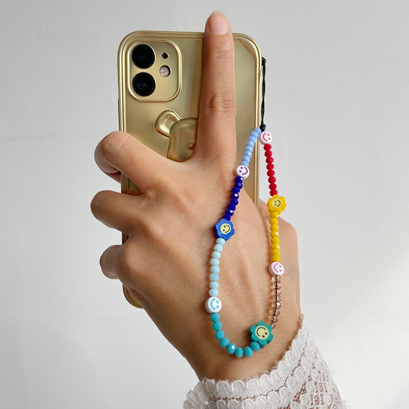 Heishi – bracelet de téléphone portable tendance, perles d'argile perlées, chaîne de téléphone, amour sourire fleur téléphone bijoux pour femmes Anti-perte