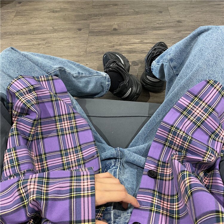 Junelove kvinder efterår lilla blazere jakker vintage plaid kvindelige løse blazere casual street oversize koreansk udtøj