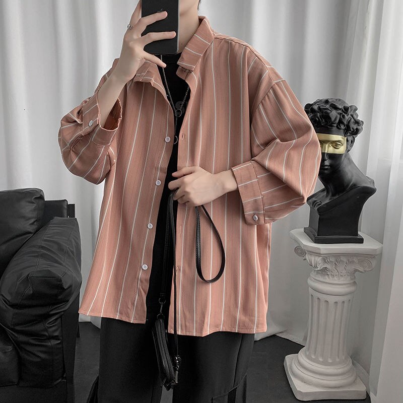 Long Sleeve Shirt Spring And Summer Striped Coat Loose Classic Casual Tops Vintage Shirts For Blouses Men Clothing: Pink / M