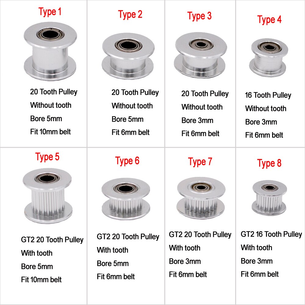 10PCS GT2 Idler Timing Pulley 16-tooth 20-Teeth with 3mm or 5mm Bore with Bearings for 3D Printer Parts Timing Belt 6mm 10mm