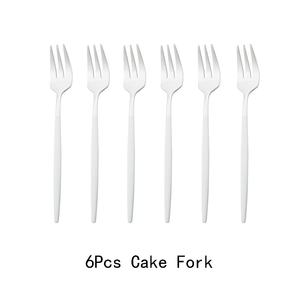 6Pcs Coloful Fork Set Tea Cake Snack Forks Dinnerware Cutlery Matte Stainless Steel Tableware Dessert Fruit Fork Silverware Set: White Silver