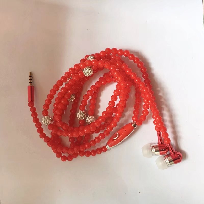 Pearl Necklace Earphone In-Ear Pink Rhinestone Necklace Jewelry Beads Earphones With Mic For Samsung Xiaomi Brithday Girls: Red