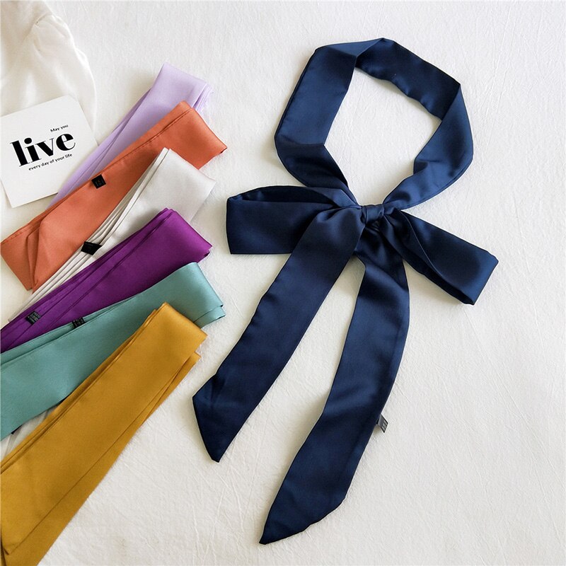 Solid Color Small Neckerchiefs Women Long Ribbon Hairband Satin Silk Scarf Lady Belt Tie Handbag Ribbons Hair Scarves