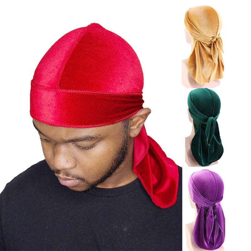 Unisex Velvet Durags Bandana Turban Hat Men Women Breathable Warm Long Tail Doo Rag Durags Pirate Hat Hip Hop Headband