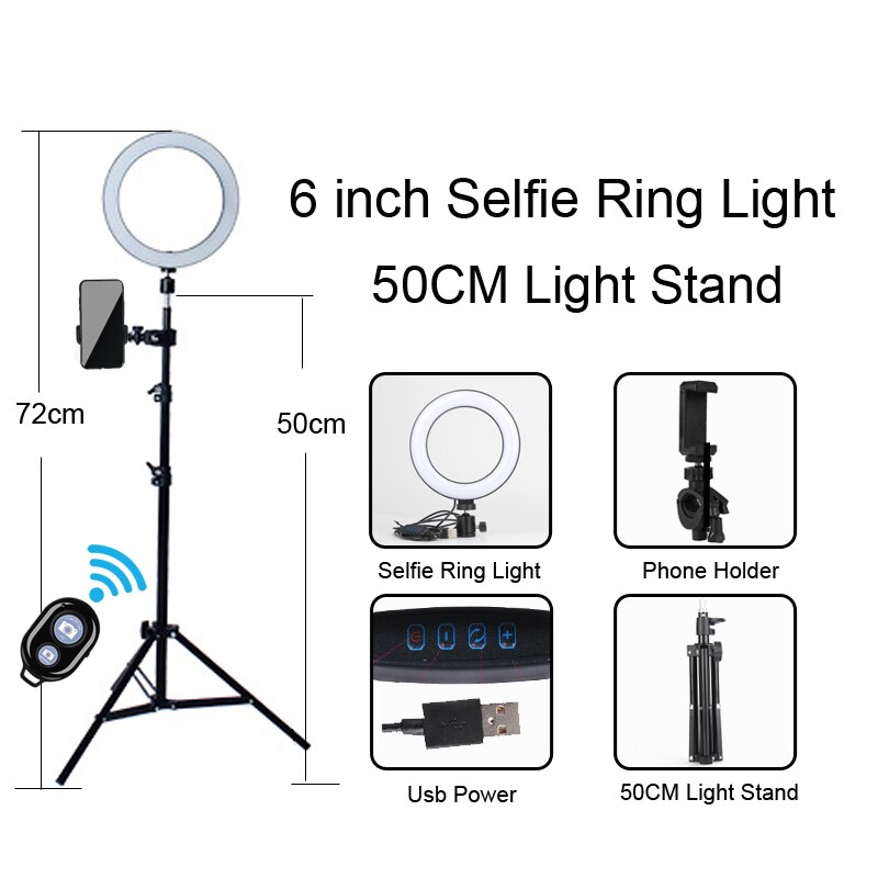 Beauty dimmable LED selfie ring light USB plug with different specifications of tripod,suitable for selfie and live broadcast: 6 inch 50cm