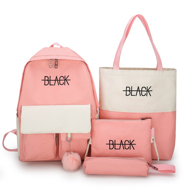 4Pcs/set Canvas School Bags For Teenager Girls Students Larger Capacity Women School Travel Backpacks Female Book Bags: Pink