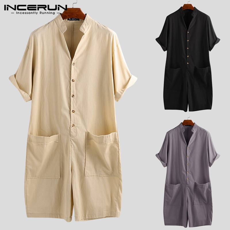 Streetwear Mens Romper Short Sleeve Solid Button Big Pockets Jumpers Vacation Overalls Cargo Suits Casual Rampers Pants