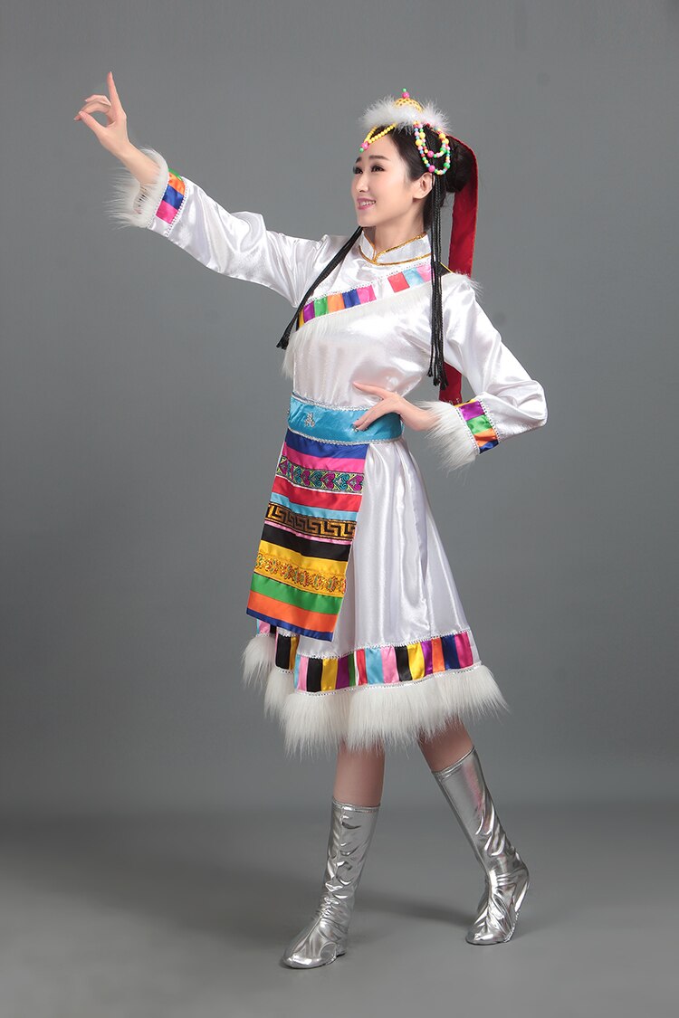 White Red Tibetan Mongolian Traditional Clothes Women's Ethnic Clothing Long Sleeved Fluffy Skirts Stage Mongolian Dance Costume