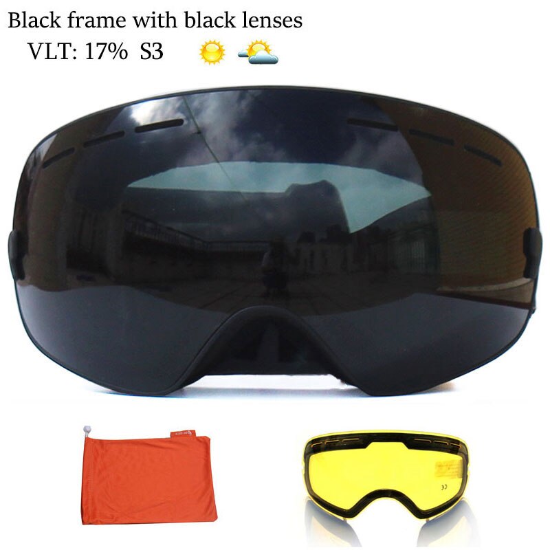 Anti-fog Ski Goggles UV400 Ski Glasses Double Layers Skiing Snowboard Snow Goggles Ski Eyewear With One Graced Brightening Lens: All Black