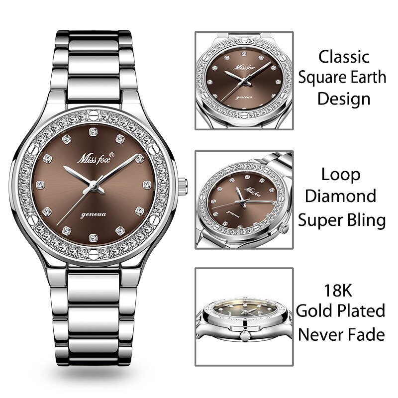 Missfox dameshorloge, beroemd merk luxe zakelijke zilveren polshorloges, waterdichte stalen armband, klok voor geliefden