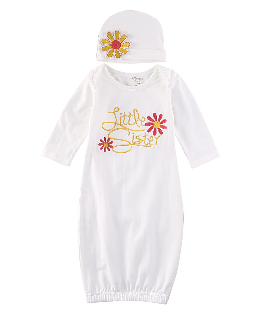 Bomuld tage hjem outfit blomst lillesøster baby pige langærmet blød kjole hat spædbarn nyfødt sæt: 0-3 måneder / Beige