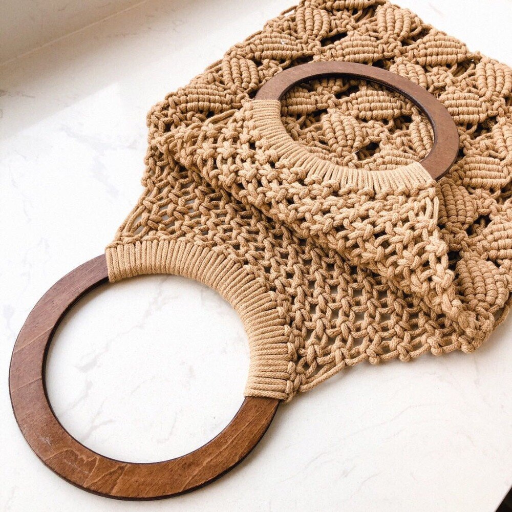 Lente en zomer geweven tas holle strandtas houten handvat ring stro handtas dames tote
