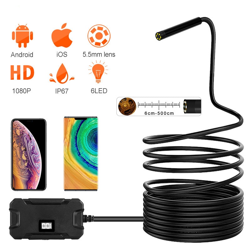 5.5mm 2.0MP HD Wireless Endoscope Camera WiFi Borescope Inspection Waterproof Inspection Snake Camera for Android and iOS Tablet