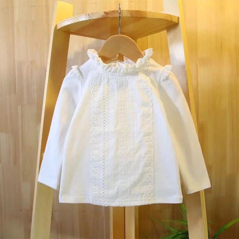 Pige bluse forår baby pige skjorte børnetøj langærmet bomuld hvid blonder piger skjorte blusas børnetøj  dq955
