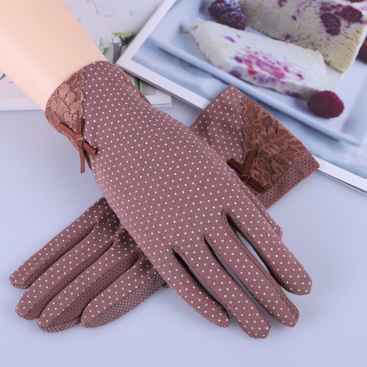 Neue Baumwolle handschuhe Nicht-Unterhose Atmungsaktive Damen Handschuhe Stelle Sommer Dünne UV Sonnenschutz Handschuhe treibende handschuhe: Spitze Bogen Kaffee