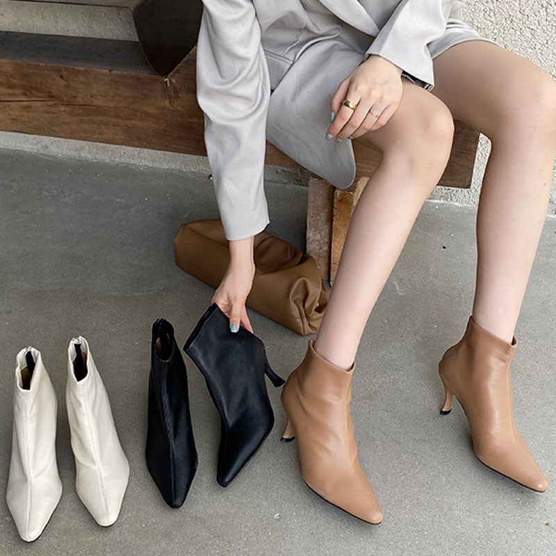automne femmes bottes en cuir souple Pu concis bottines pour femmes bout pointu talons hauts dos Zip bottes courtes femme