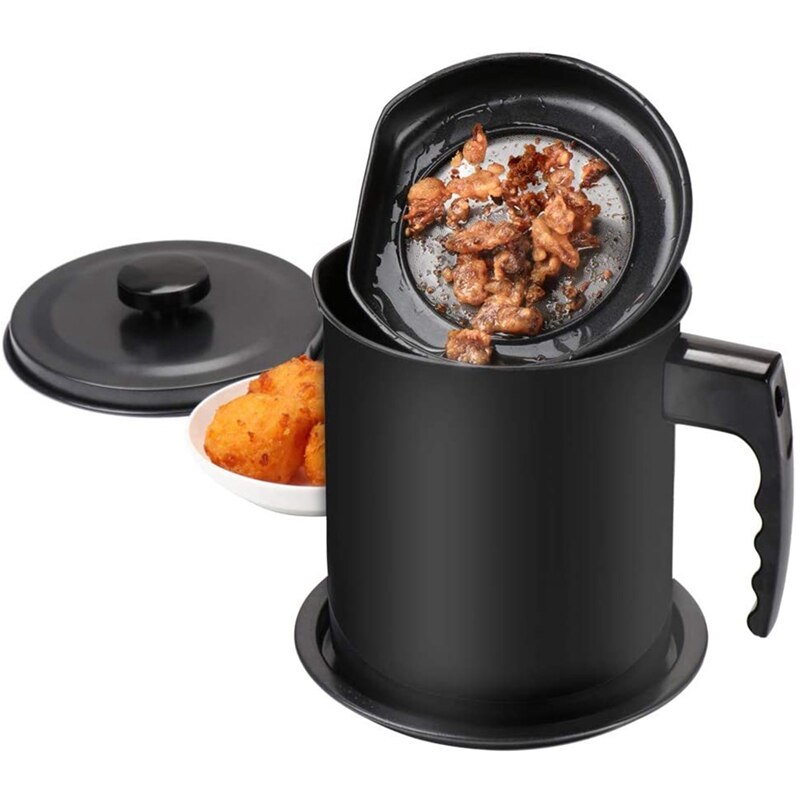 Contenedor de grasa, almacenamiento de aceite de Bacon con filtro de malla fina, lata de cocina negra de 1,3 L para aceite de cocina usado, grasa, aceite para freír