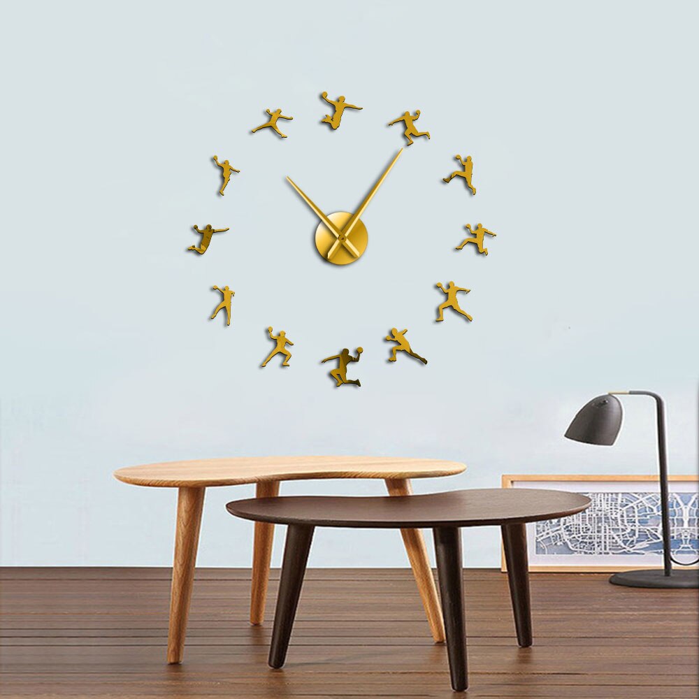 Reloj gigante de pared DIY, decoración deportiva para habitación de adolescentes, Bola de mano, pegatinas de espejo de silueta acrílica, Bola de mano