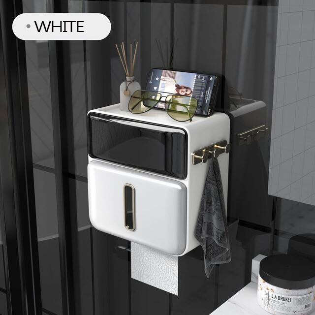 Waterproof Toilet Paper Holder Wall Mounted Toilet Paper Tray Roll Paper Tube Storage Box Tray Tissue Box Shelf Bathroom: White