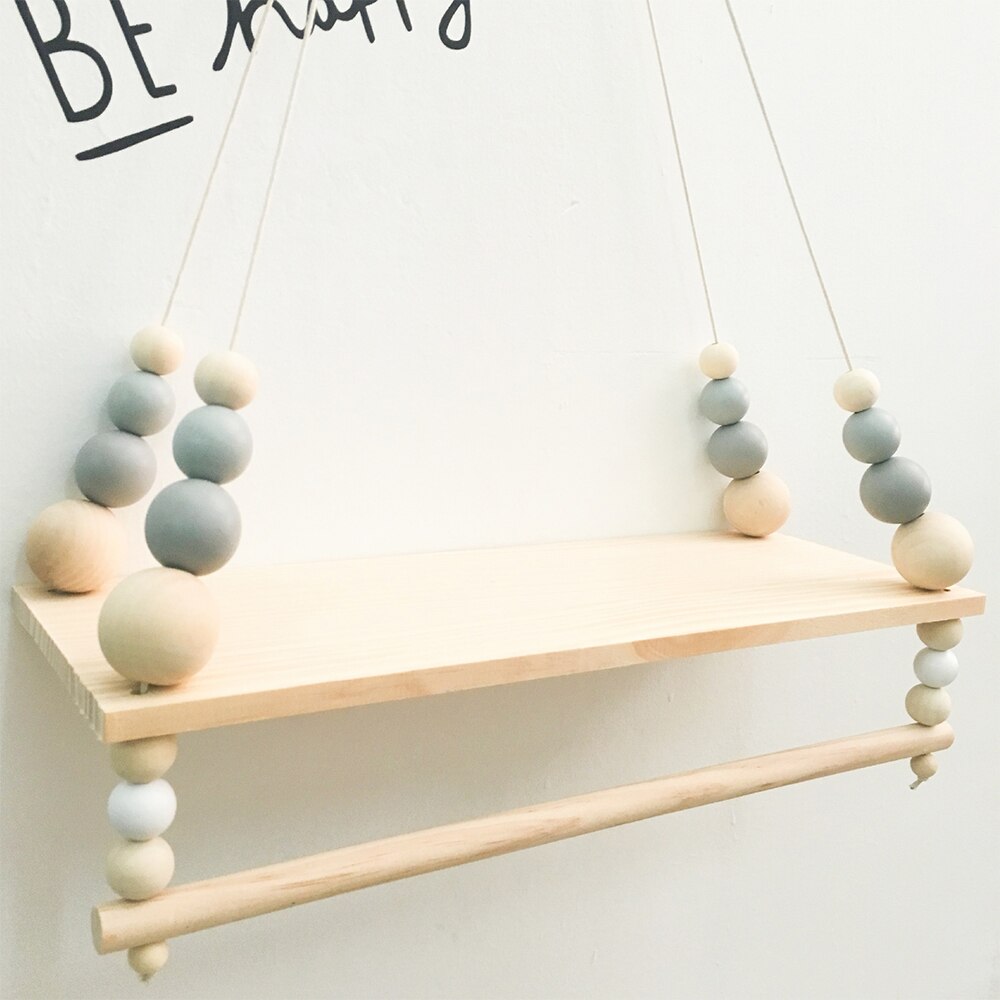 Estante de pared de madera con borlas y cuentas de colores nórdicos para niños, decoración de guardería, almacenamiento artesanal, decoración de hogar para colgar en la pared