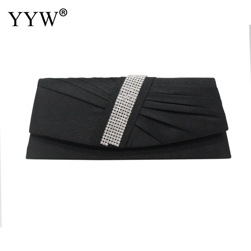 Aprikos dam satin veckad strass kväll clutch väska med kedja dam feminin knuten satin veck kväll clutch väska: Svart