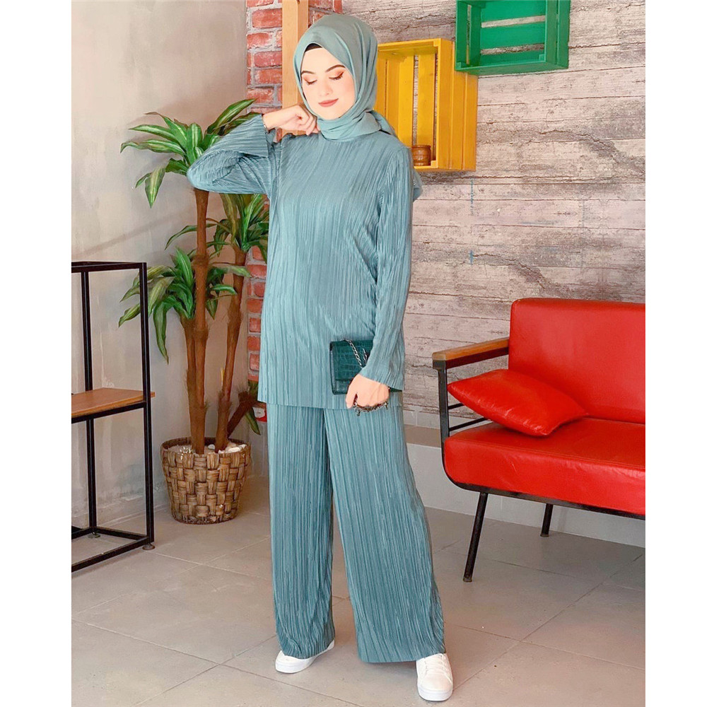 Ensemble 2 pièces pour femmes musulmanes, manches longues plissées, hauts, jambes larges, pantalons, costume, dubaï, Abaya, Kaftan turc, robe Eid Mubarak