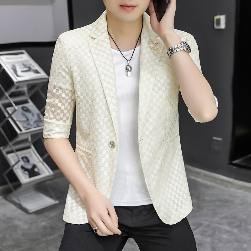 Summer Hollow Out Men Blazers Half Sleeve Slim Casual Suit Jacket Thin Sunscreen Business Street Wear Social Jacket Men Clothing