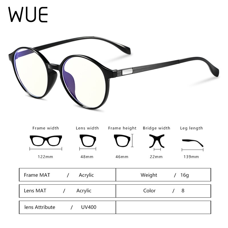 ! Lentes de cristal transparente WUE para mujer, gafas antiazules para hombre, gafas redondas para ordenador, óptico transparente, armazón de gafas