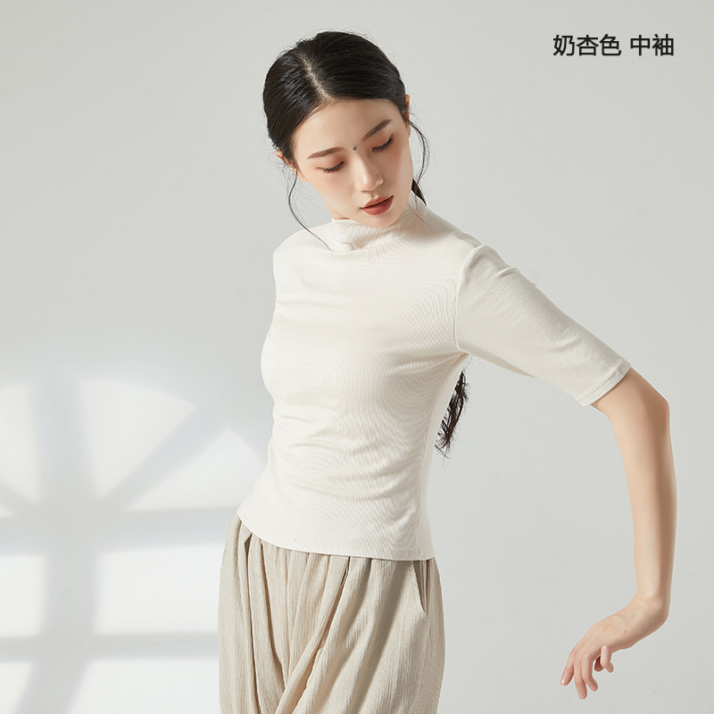 Women Modern Dancewear Long Sleeve High Neck Slim Costume Stage Performance Clothing China Practice Clothes Elastic Tops: S / Ivory