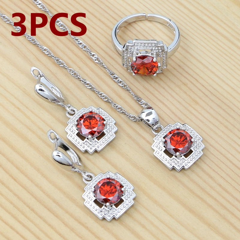 Conjunto de joyería de plata 925 para mujer, anillo redondo rojo granate, pendientes, pulsera, colgante, cadena, joyería cuadrada: 3PCS