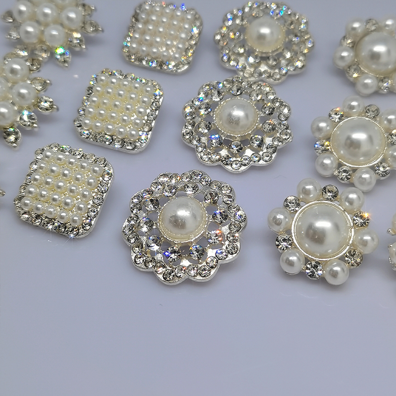 boutons à coudre luxe nacre accessoire couture Boutons de décoration de luxe en perles argentées pour vêtements, boutons de fleurs, ronds et carrés, strass, boutons de pour femmes, couture de robe