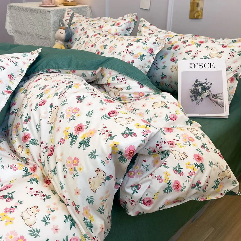 Juego de ropa de cama de cereza para niñas y niños, funda de edredón sin relleno, Sábana plana, funda de almohada, ropa de cama Kawaii: Completo / Oro
