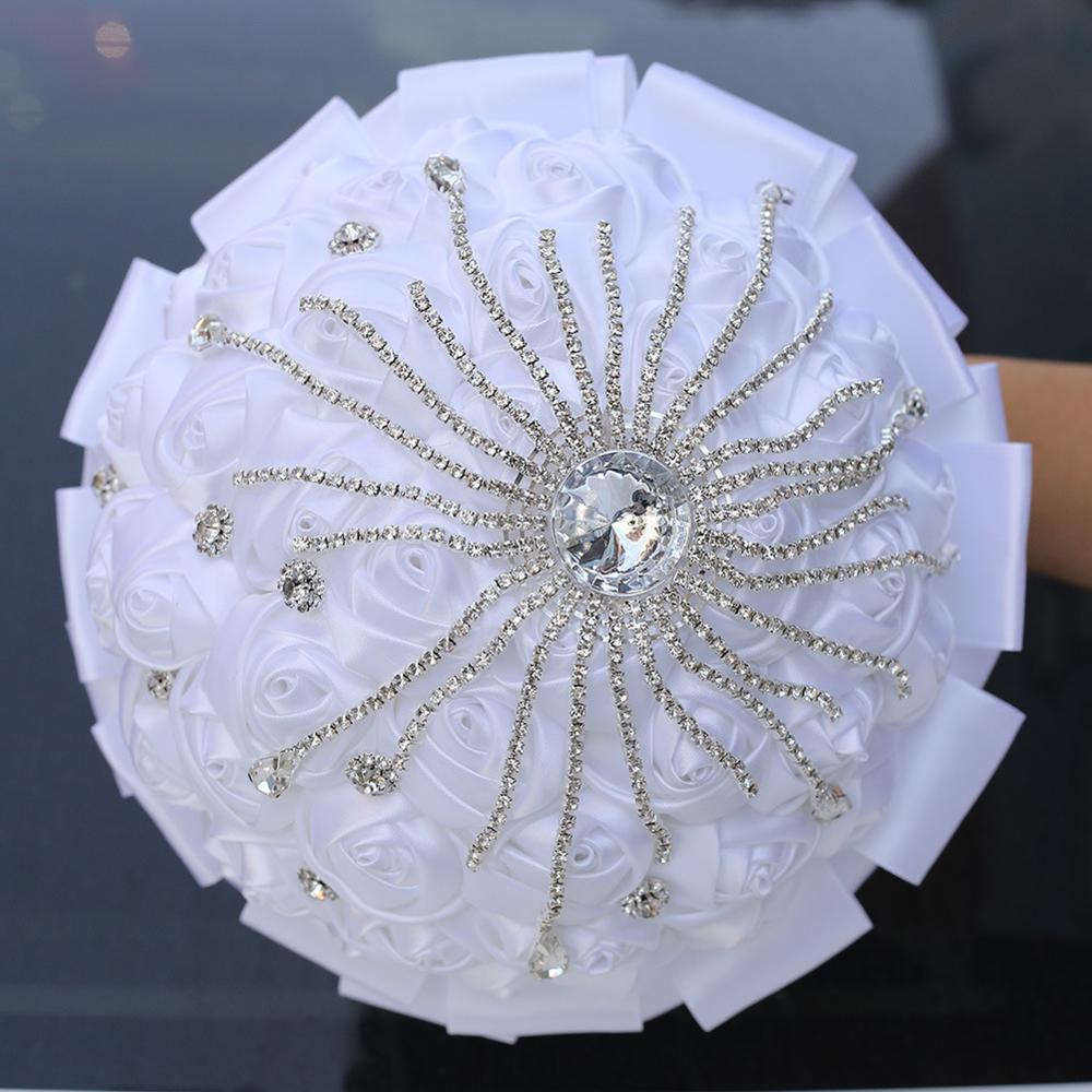 16styles white wedding bride holding flowers artificial bouquet ribbon rhinestone pearl bouquet decoration bride groom dance: Style 3