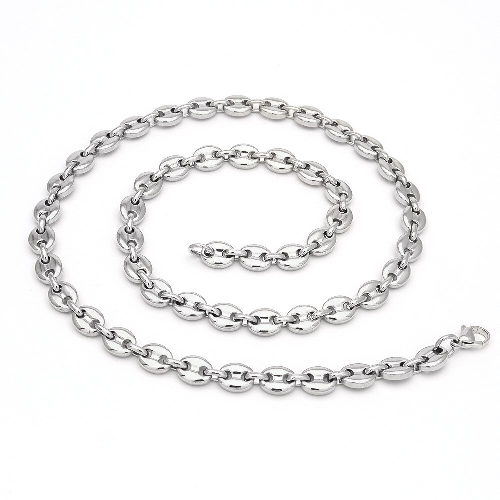 8mm 10mm 13mm koffieboon kettingen voor mannen vrouwen roestvrij staal varkensneus schakelkettingen armbanden choker set valentijnsdag: Ketting zilver / 13mm